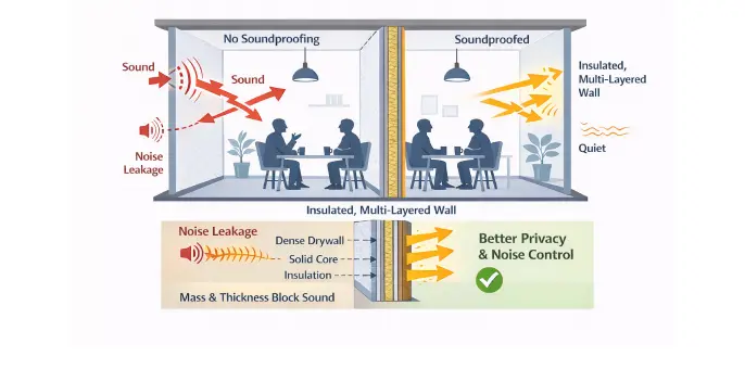 Diagram: noise leakage through standard walls vs. soundproofing with multi-layered insulated barriers