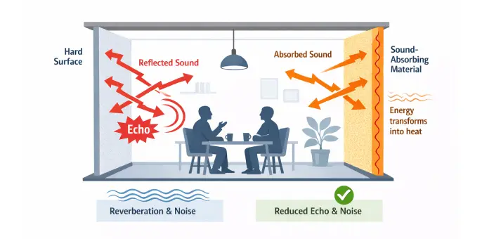 Diagram: sound reflection (echo) off hard surfaces vs. absorption and heat conversion in materials