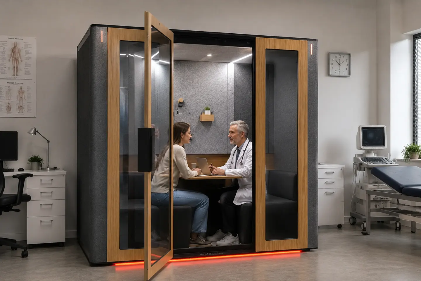 Doctor consulting with a patient in a private medical booth