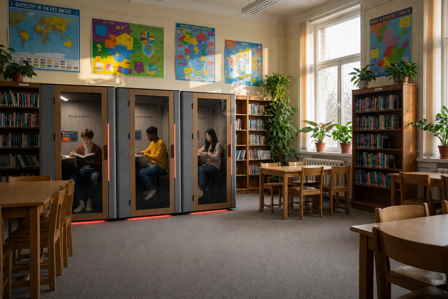 Students studying in private booths in a library