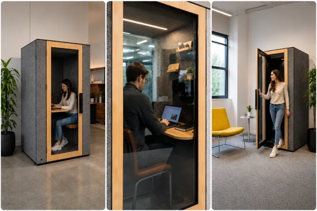 Employees using acoustic office booths