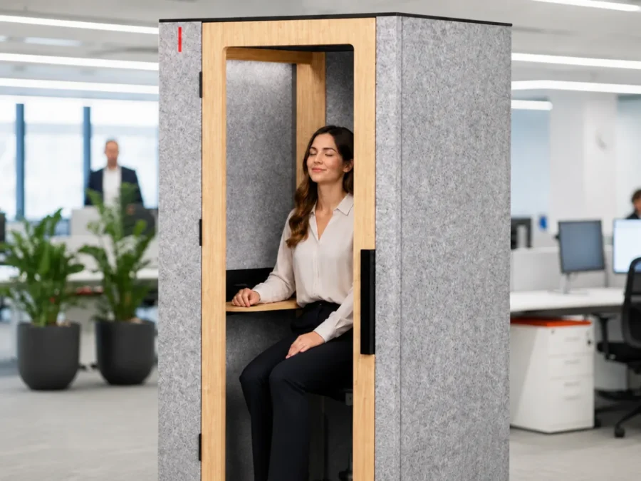 Woman in a soundproof office booth
